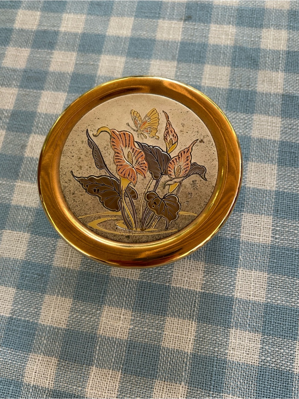 24K gold overlay vintage Chokin Japanese Trinket Dish with Butterfly Moti